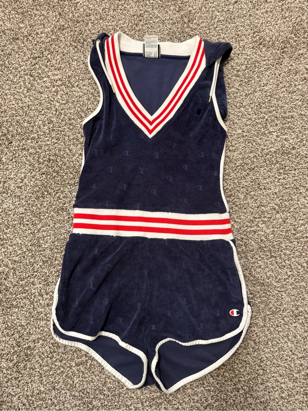Champion Navy Sleeveless Hooded One-Piece Romper with Red & White Stripes